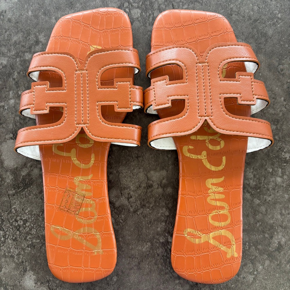 Sam Edelman Bay Orange Croc Embossed Logo Slide Sandals Square Toe Size 40